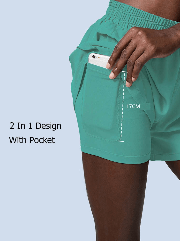Elastic Waist Shorts 2-in-1 Design with Pocket - Perfect for Active Wear and Casual Style.